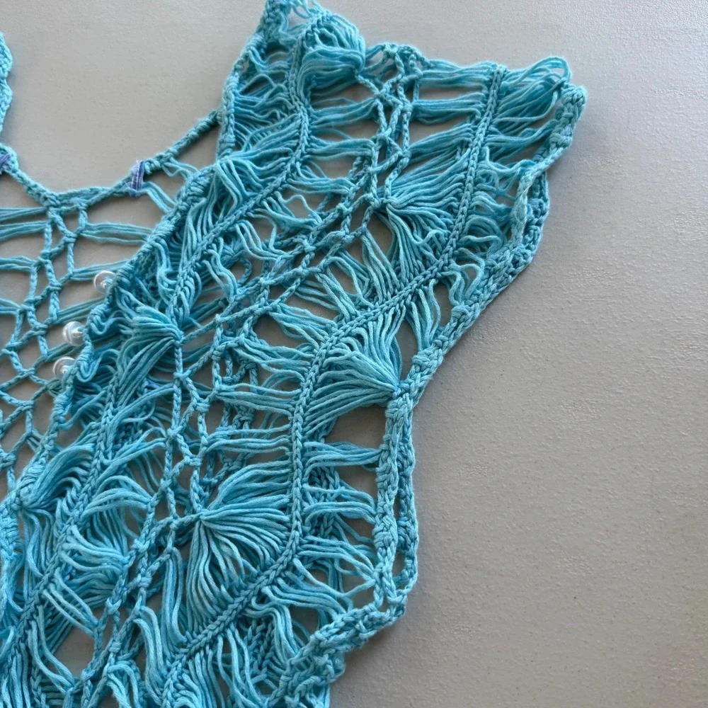 Women's Turquoise Aqua Blue Open Crochet Macrame Knit Pearl Button Beach Coverup